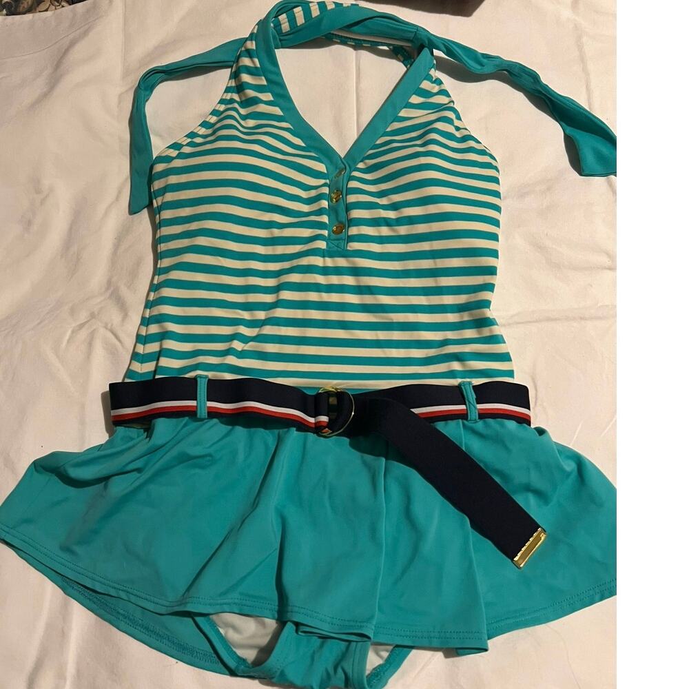 Tommy Hilfiger One Piece Swimsuit Womens 8 teal and White Stripe Belted